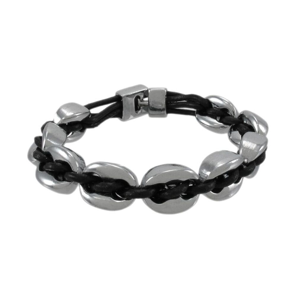 Black Leather And Chrome Marine Link Bracelet 7 Inch